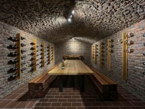 Unique private wine cellar and tasting space inside Views Over Wilderness luxury holiday accommodation.